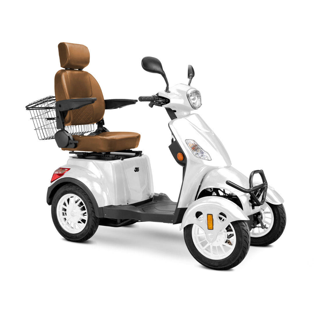 The Bespoke Prestige Recreational 4-Wheel Scooter features a white frame, 600W motor, brown cushioned adjustable seat with armrests and headrest, front headlight, mirrors, and a rear metal basket.